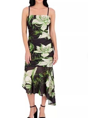 Black Floral High-Low Slip Dress with Green & White Bloom